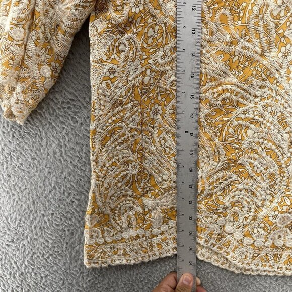 Solitaire BOHO Embroidered Top Womens Large Yellow Scalloped Hem Floral - Picture 7 of 10